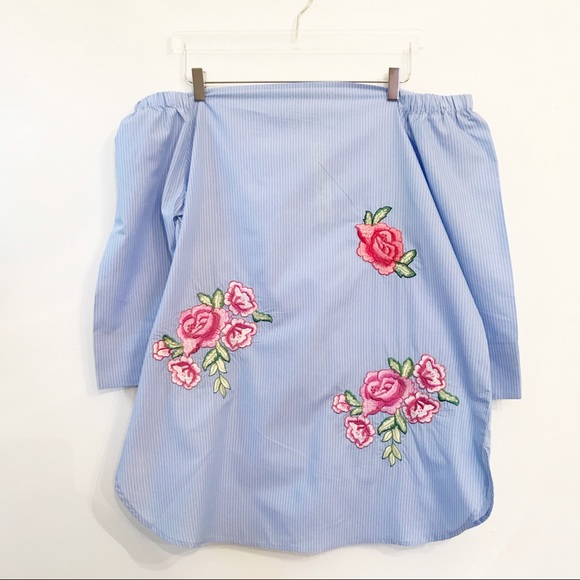 ✨ NWT Off-Shoulder Embroidered Floral Stripe Top - Picture 1 of 5